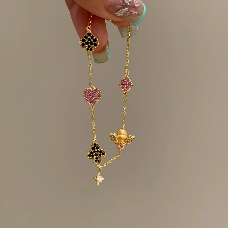 铜合金手链 中古金色扑克蜜蜂手链女复古轻奢小众高级感精致手饰