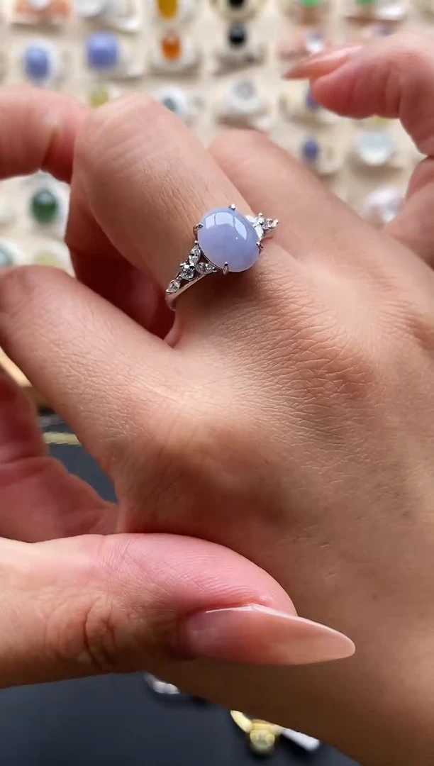 银S925镶嵌戒指翡翠缅甸天然A货翡翠1 7-9