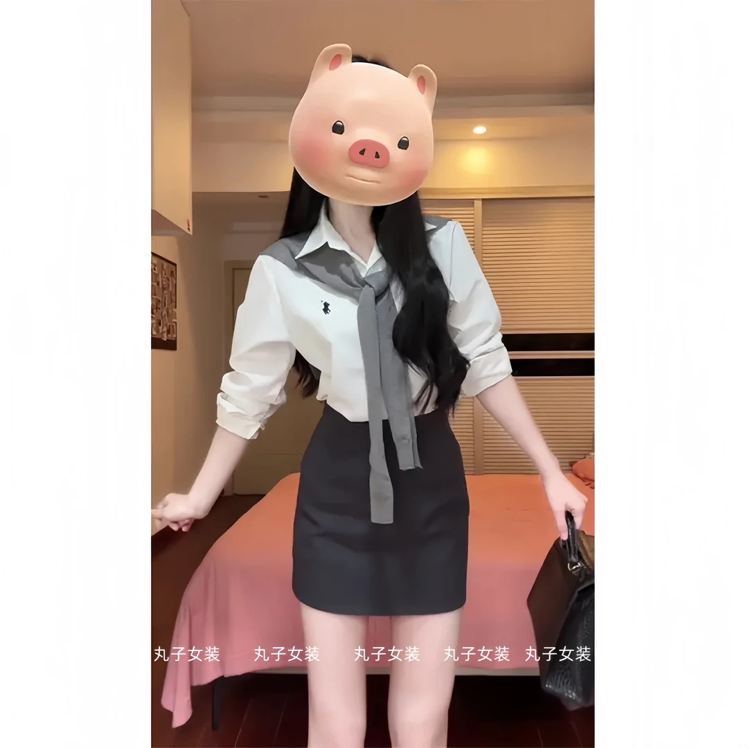 2025新款早秋穿搭一整套女装韩系翻领衬衫上衣修身针织披肩半身裙