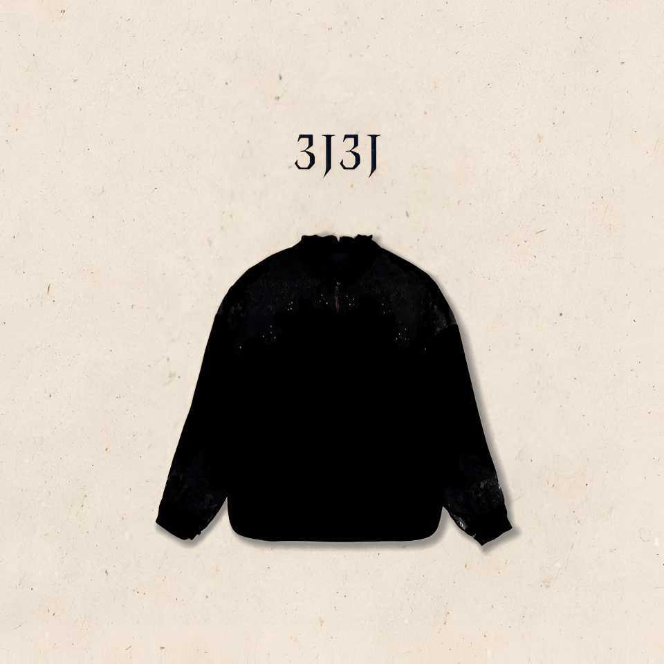 【顾盼生辉】真丝丝绒拼接蕾丝钉珠花边领宽松长袖衬衫A051509