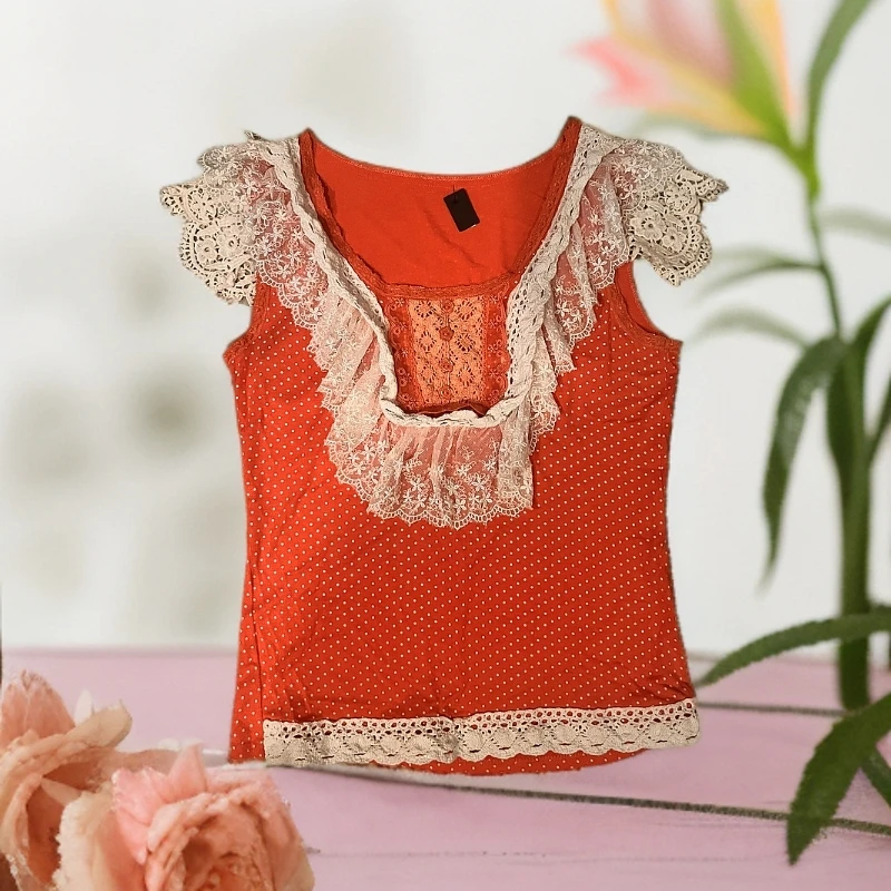 文姬vintage夏款日常甜美复古网红ins半身裙裙子夏季蕾丝红色女士