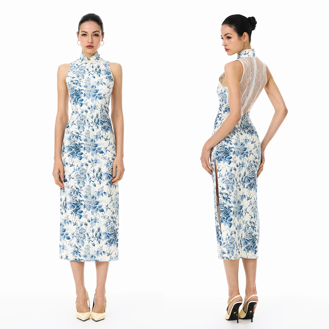 FINDYAWINGS《国风青花瓷》新中式改良旗袍蕾丝拼接挂脖连衣裙