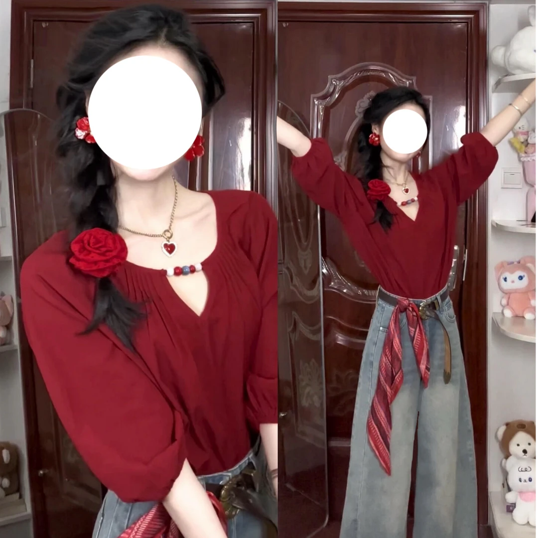 法式红色半袖衬衫2025年秋季新款小衫牛仔阔腿裤韩系早秋穿搭套装
