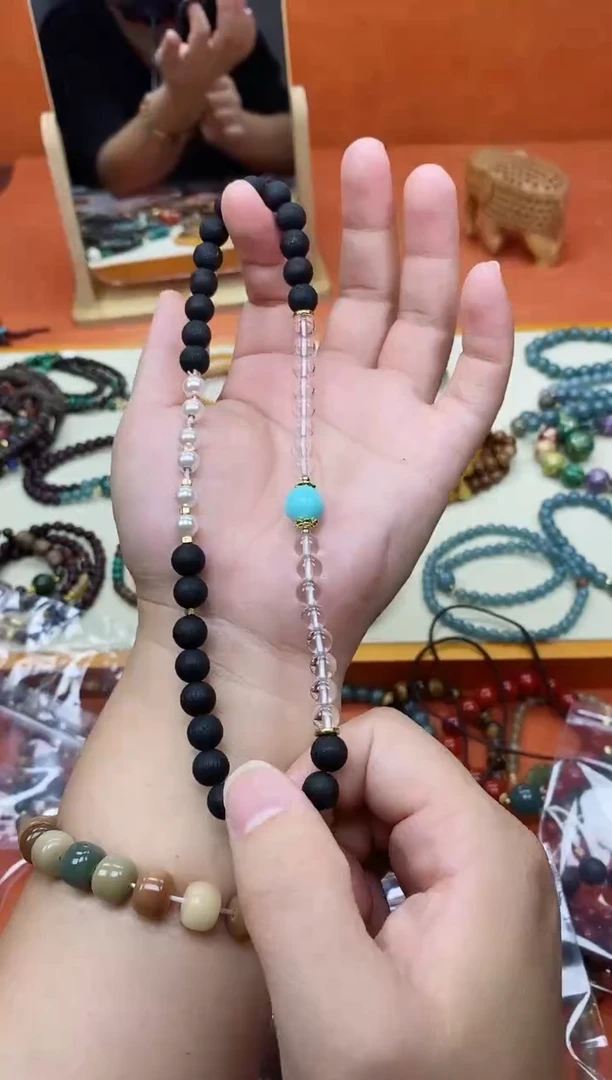 手串降真香未镶嵌08黑油白水晶双圈