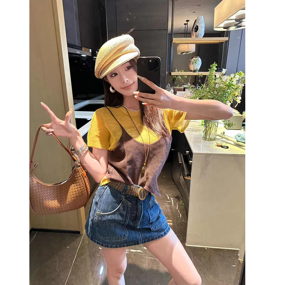 港风复古撞色假两件设计感时尚针织衫短袖上衣女宽松短款百搭外穿