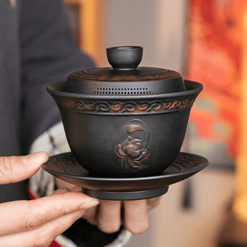 手工紫陶吉祥莲花三才盖碗云南建水功夫茶具泡茶茶壶家用茶杯套装