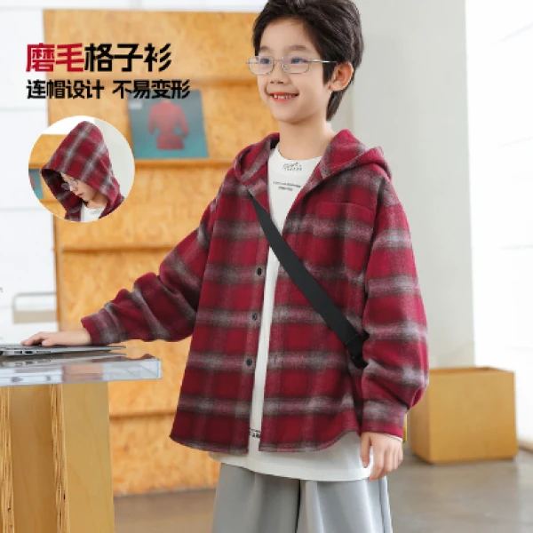 【品牌折扣】2025春秋男童帅气磨毛红格子衬衫外套上衣xmyy3033