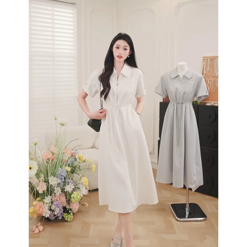 【品牌撤柜款ZB】法式气质白色短袖连衣裙流行收腰长裙女QJD00345