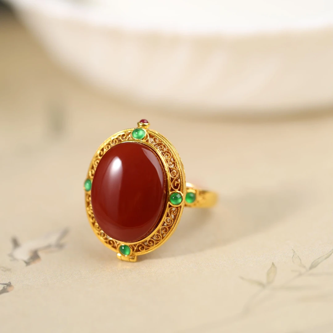 原创国风新中式定制珠宝18k金镶嵌南红香盒戒指