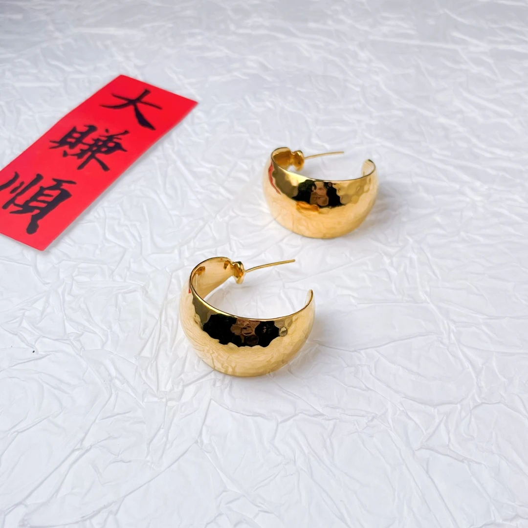 足金999时尚5D无氰轮胎锤纹复古百搭耳钉