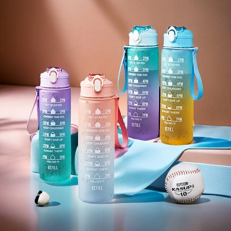 网红大容量渐变水杯塑料运动杯一键弹跳带吸管手提绳便携学生