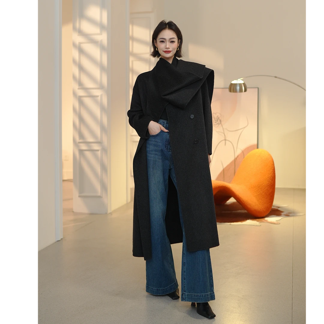 冬款长款立领羊毛外套设计师女装呢大衣黑色百搭外套羊毛显瘦