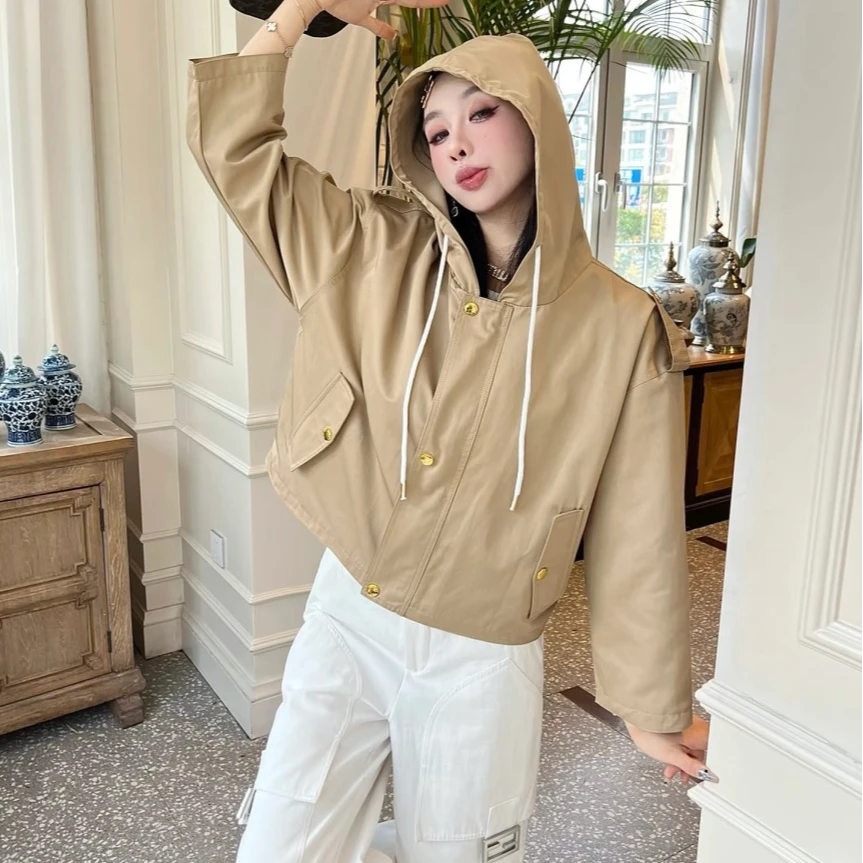 99新 Celine/思琳 卡其色金扣连帽短款风衣外套 34 15270352