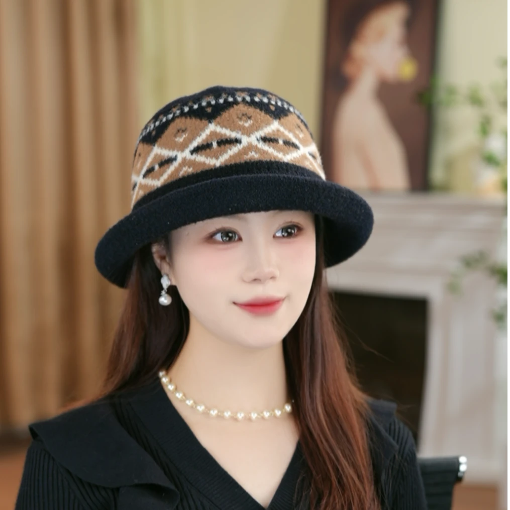 针织渔夫帽女冬季保暖帽费尔岛风护耳毛线帽2025新款大头围显脸小