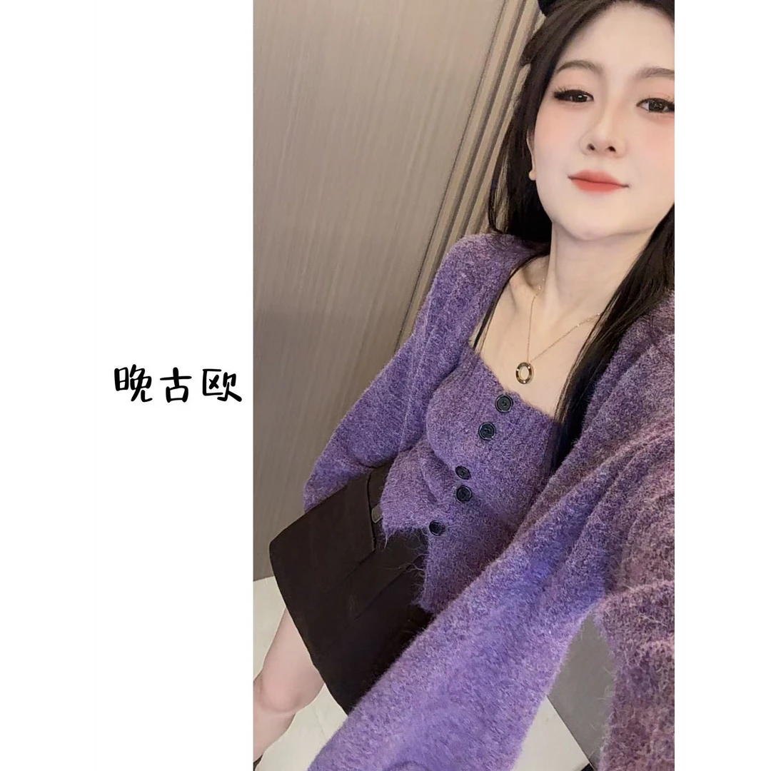 晚古欧 百搭宽松慵懒抹胸开衫毛衣两件套