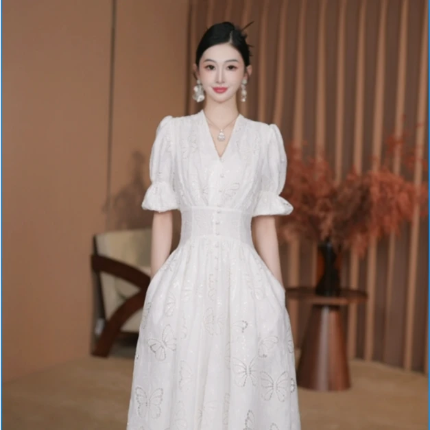 东东定制【小白花】25年夏季新品重工时尚收腰显瘦短袖连衣裙