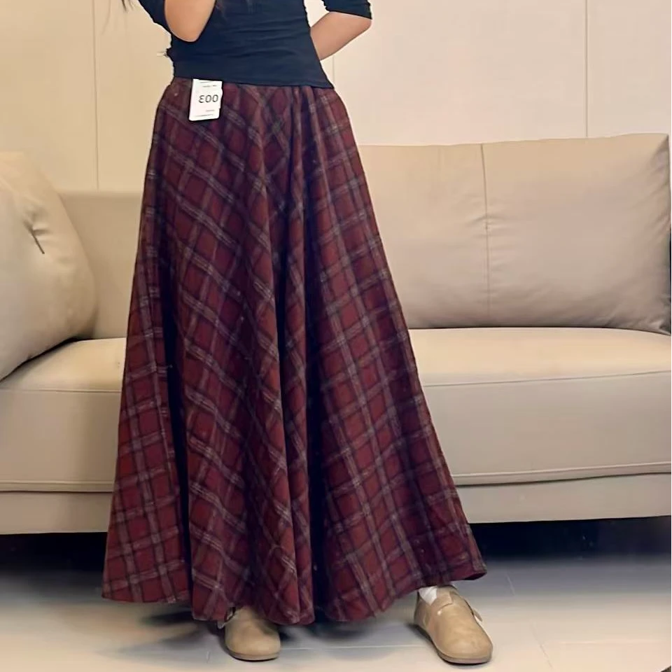 【慧】003大摆毛呢高腰格子复古百搭中长裙半身裙女2025秋冬新款