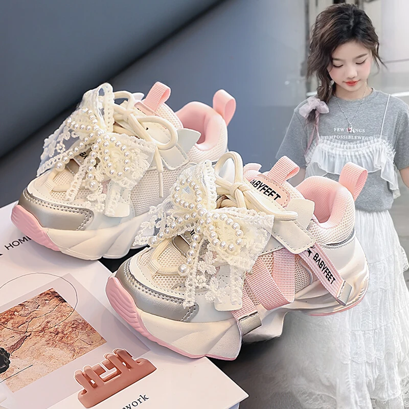 ABC女童鞋厚底老爹鞋2025春秋新款粉色软底珍珠运动鞋儿童公主鞋