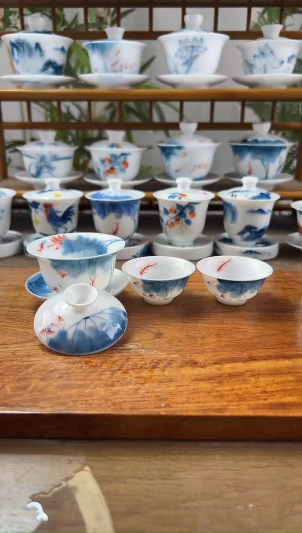 微瑕线条莲带内绘80ml三才盖碗+小玉兰杯2个