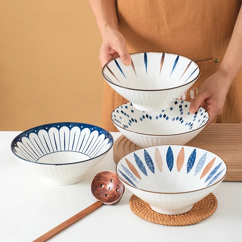 网红斗笠陶瓷泡面碗家用中式大面碗汤碗高脚碗釉下彩工艺4只混装