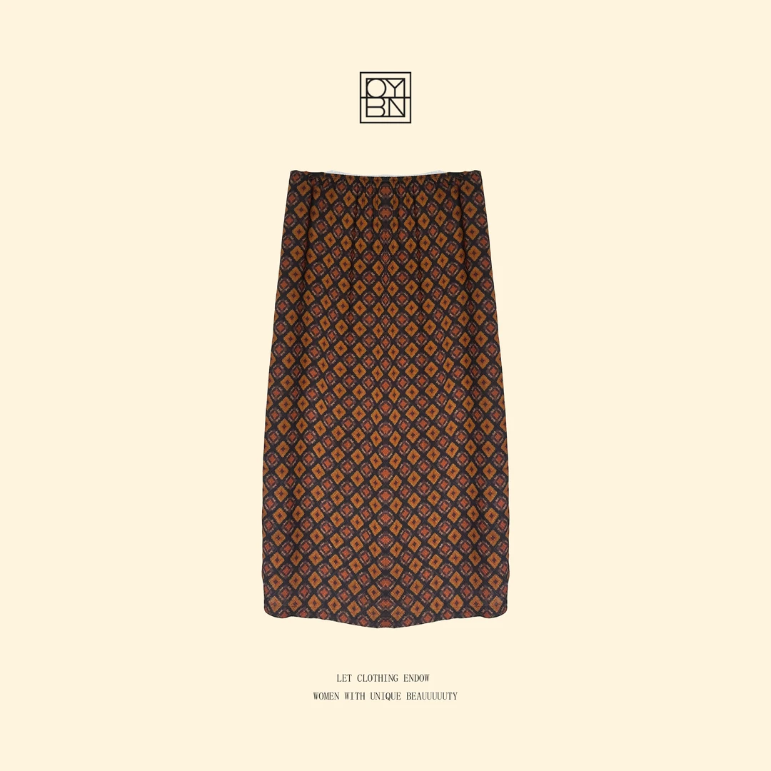 OYBN欧阳贝妮【珐琅】微胖大码桑蚕丝复古菱格中长款半身裙5047