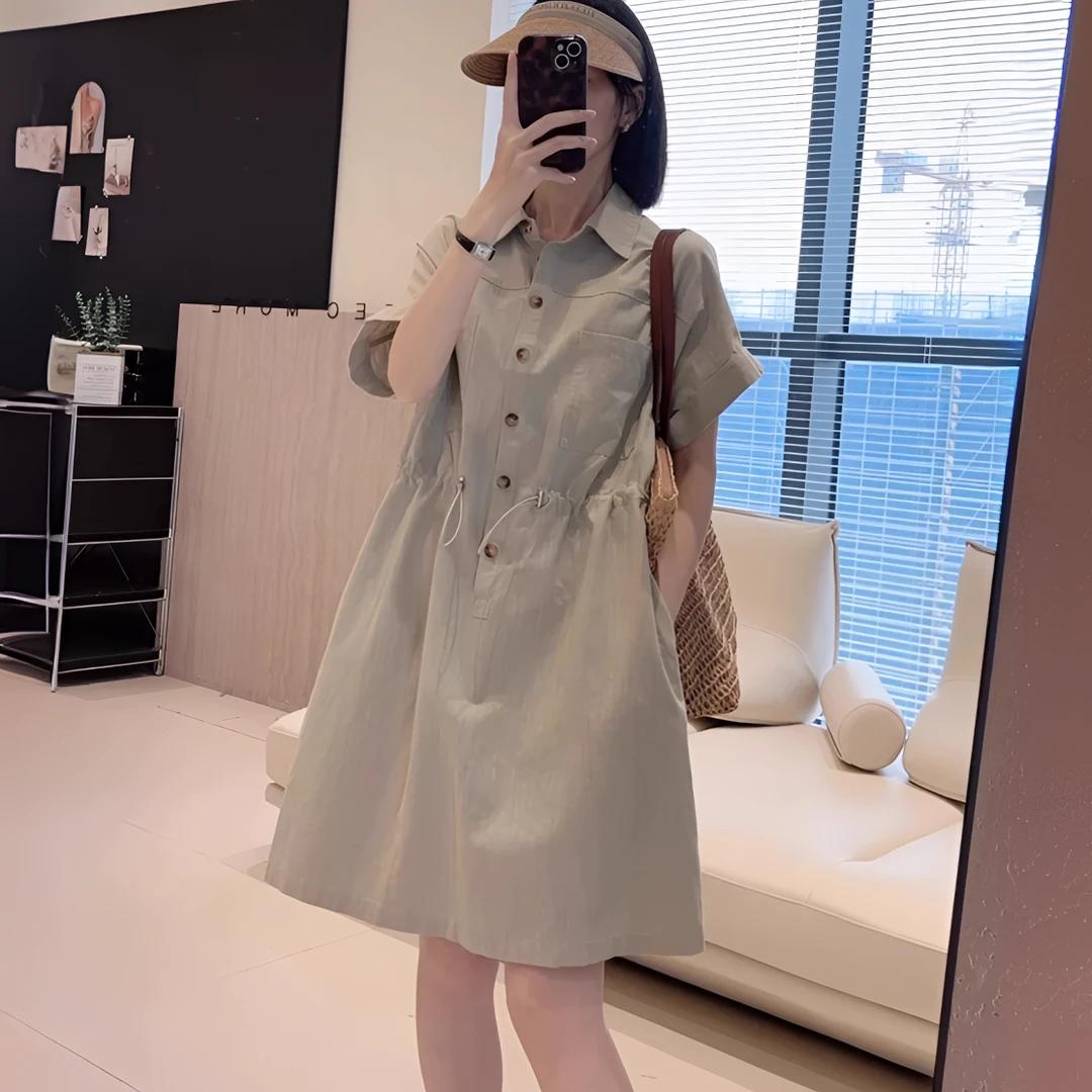 纯棉休闲工装裙女中长款2025夏季新款文艺短袖小个子衬衫连衣裙