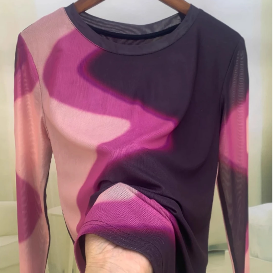 网纱大码T恤拼色印花圆领长袖春夏拼接修身设计感夏季女士D1602#