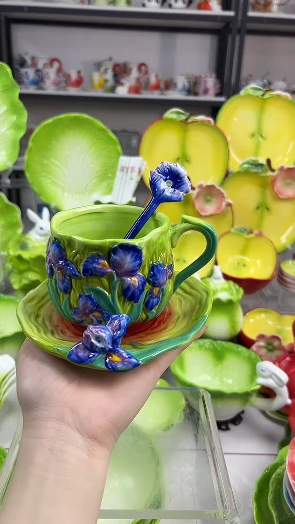 瓷鸢尾花咖啡杯碟，，