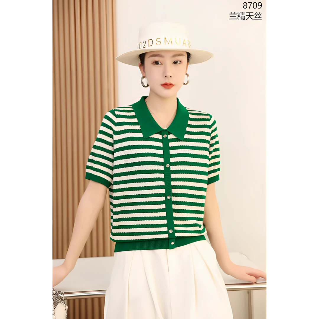 8709翻领天 条纹短袖夏季气质薄款兰精设计感五分袖宽松polo T恤