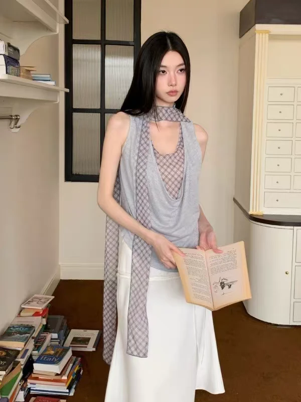 （运补6米）小众设计慵懒风格纹辣妹荡领假两件无袖露肩上衣短袖T