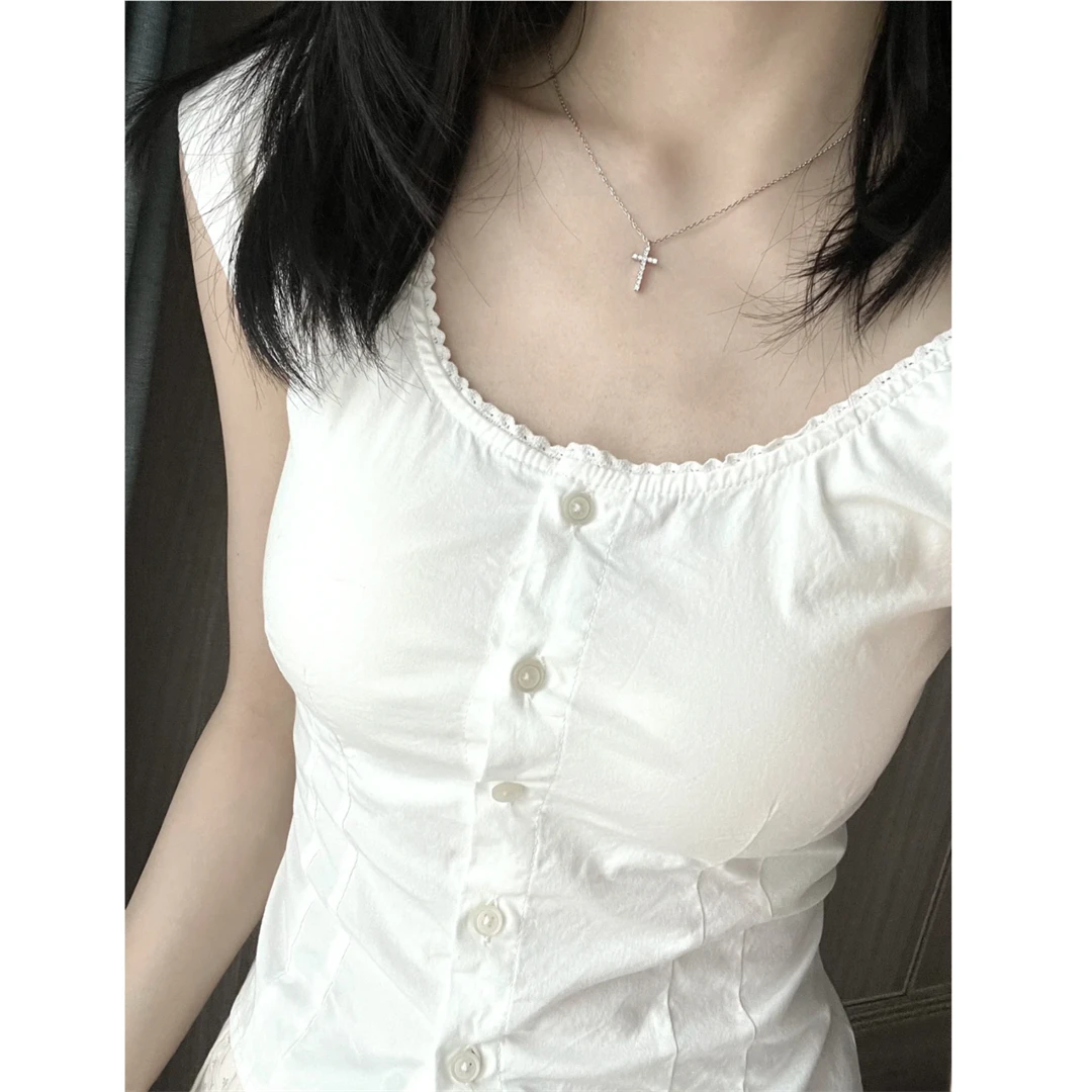 BM白色花边领修身收腰短袖衬衫上衣女夏季bm百搭韩系甜美绝美上衣