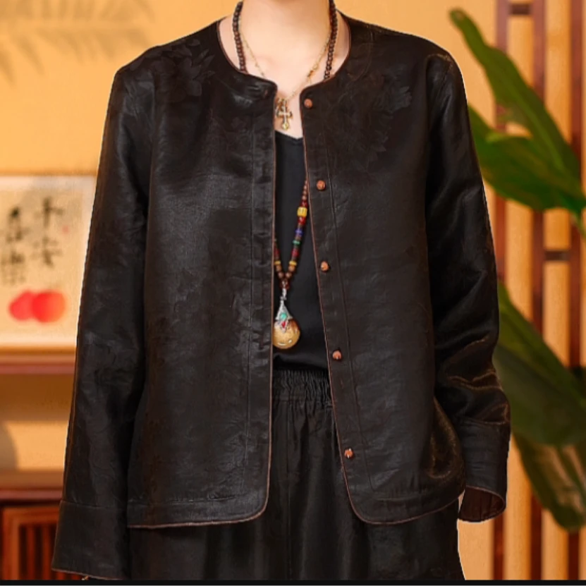 佳  新中式  风 重锻 750268 油皮老料  提花外套