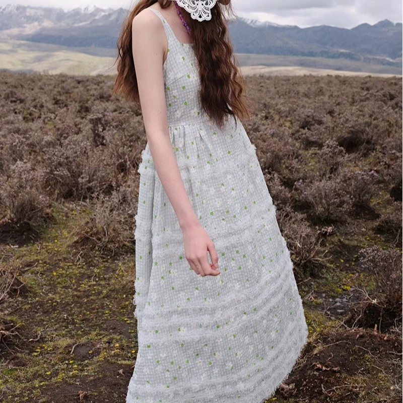 0515制造后花园*格子碎花木耳边花边长裙连衣裙