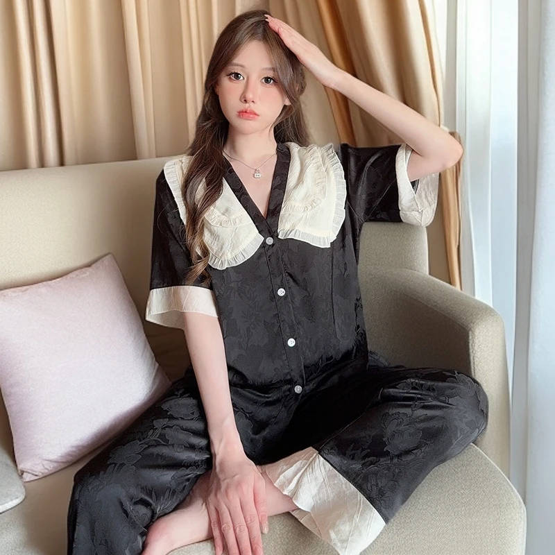 提花冰丝缎面睡衣套装透气薄款家居服高级感可外穿短袖睡衣女夏季