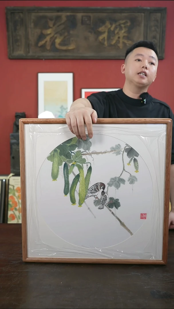 书法手绘50*50-花鸟黄瓜-海棠