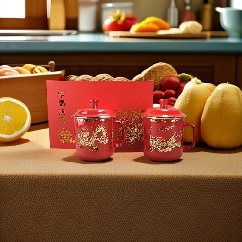 龙凤呈祥家用红色喜庆茶杯纪念百福寿高档泡茶杯红瓷对杯礼盒装