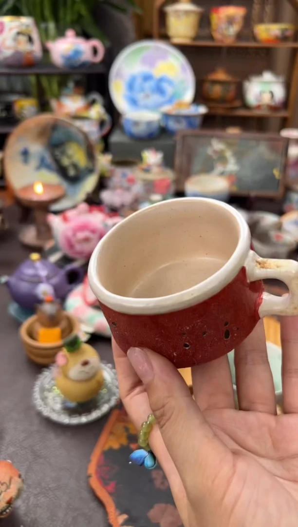 虎井窑老陶泥怀旧红侧把杯