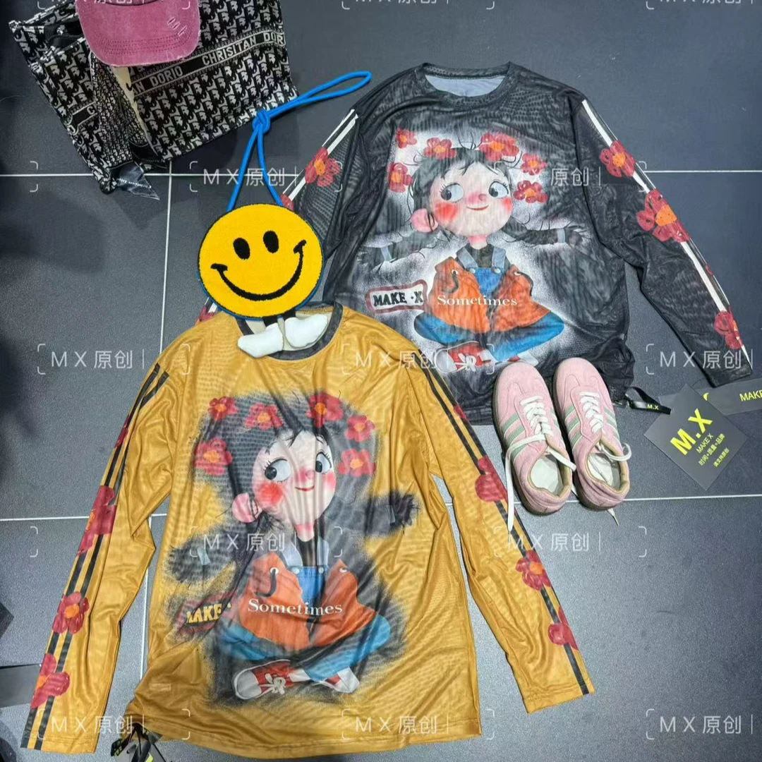 MX欧货2025春夏新款棉宽松修身显瘦弹力网纱打底长袖T恤女37976