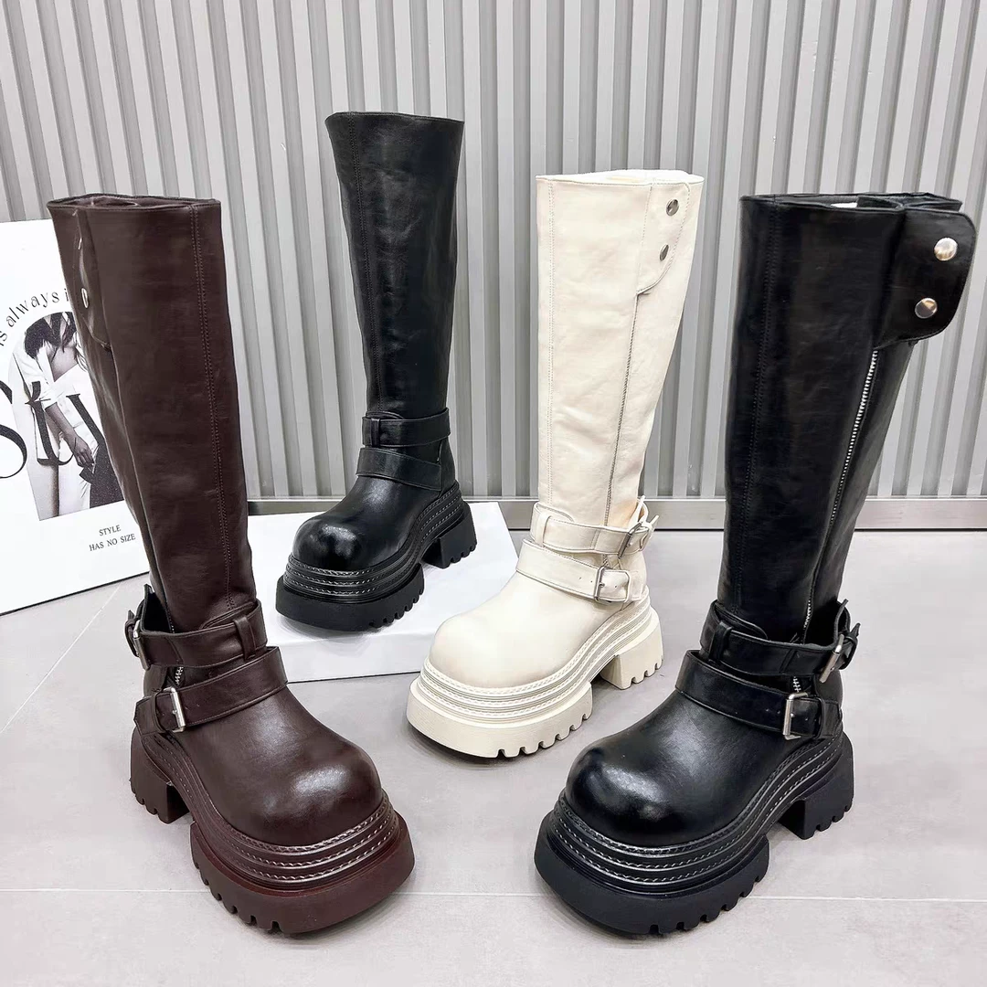 【8厘米】大头厚底高筒系带骑士马丁靴女秋冬新款爆款长筒靴