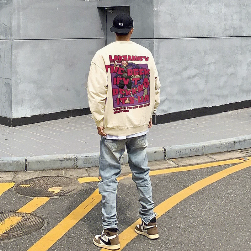 ins美式复古动漫印花圆领卫衣男hiphop潮流加绒高街宽松情侣上衣