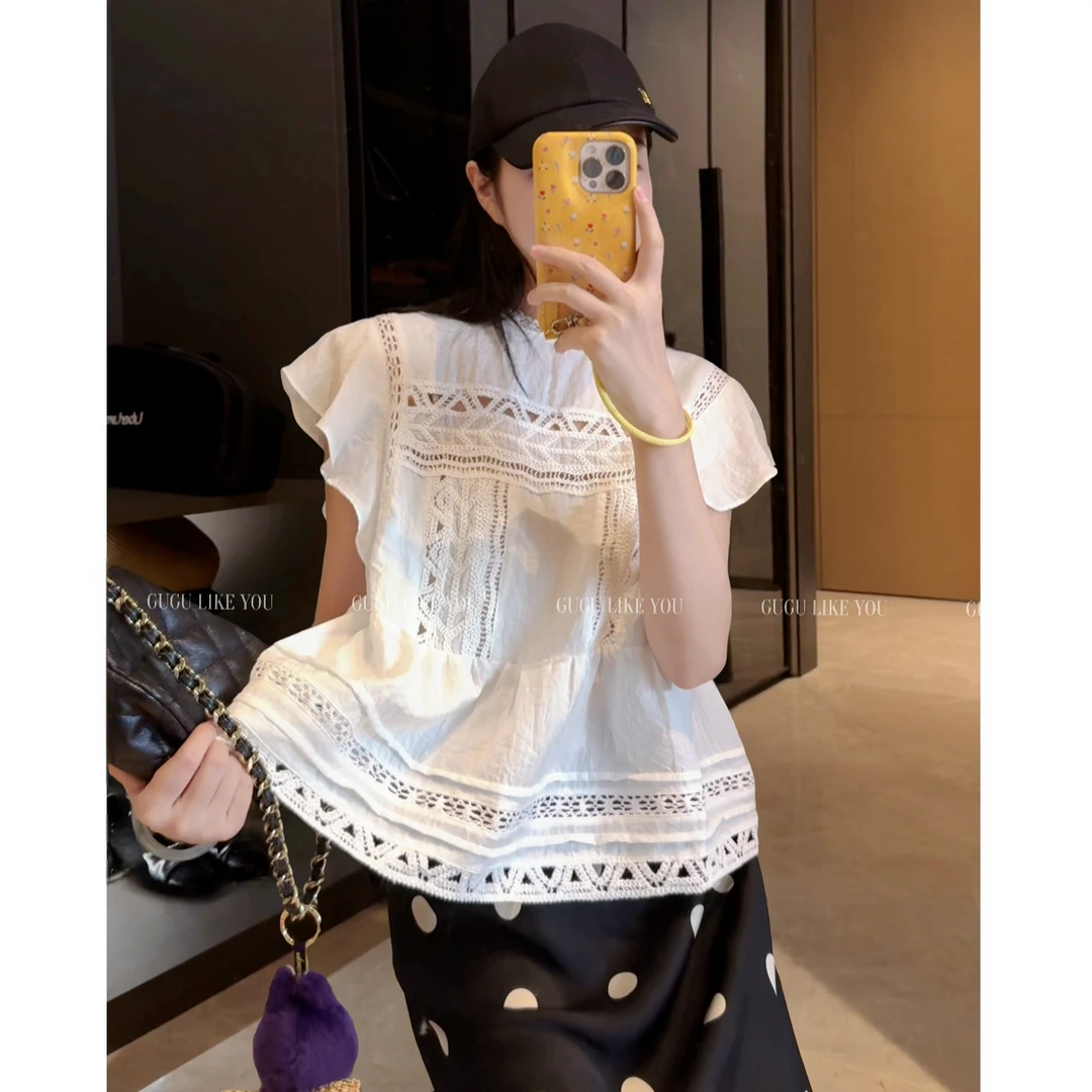 【古古】高货重工亚麻镂空刺绣高工艺多种花边拼接夏季衬衫显瘦上衣