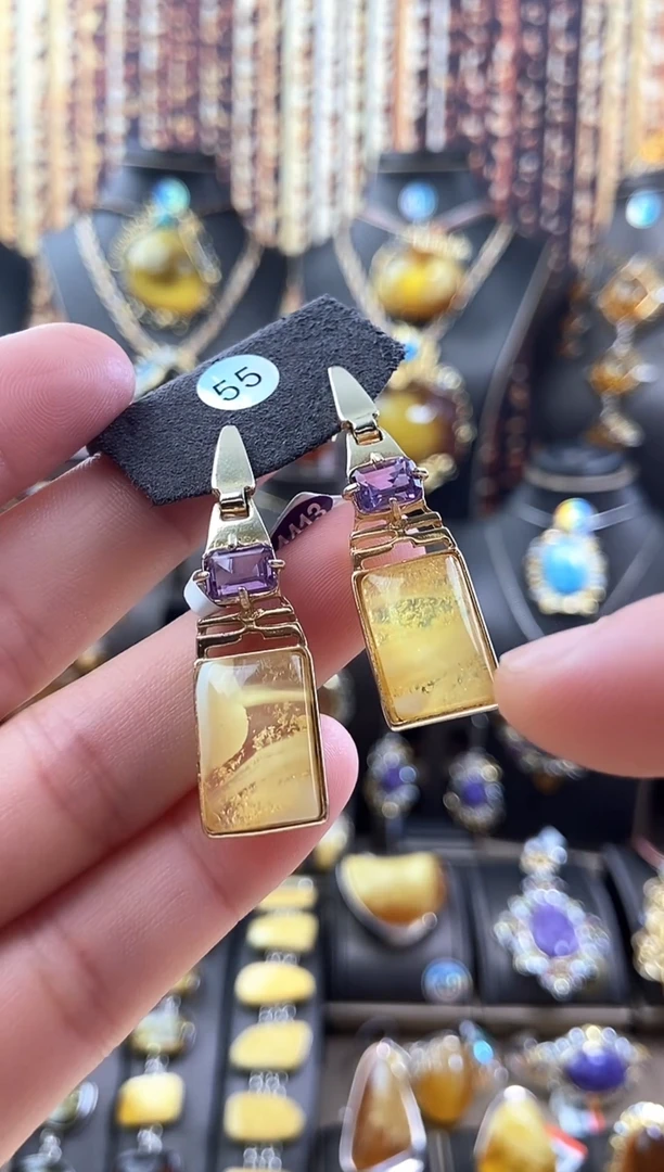 琥珀银S925镶嵌耳饰耳环