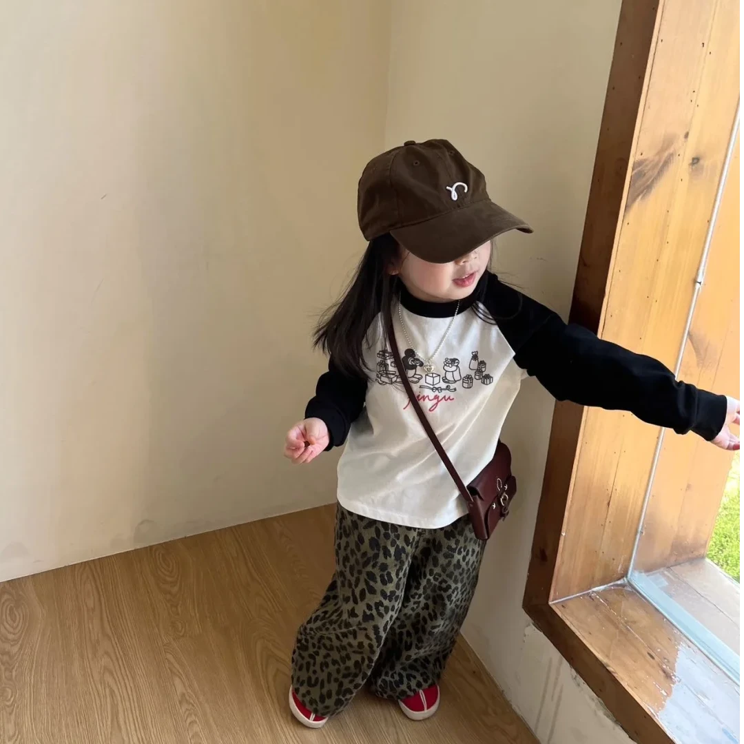 壹妈优质童装2025春新款女童时尚套装卡通拼色打底豹纹休闲裤