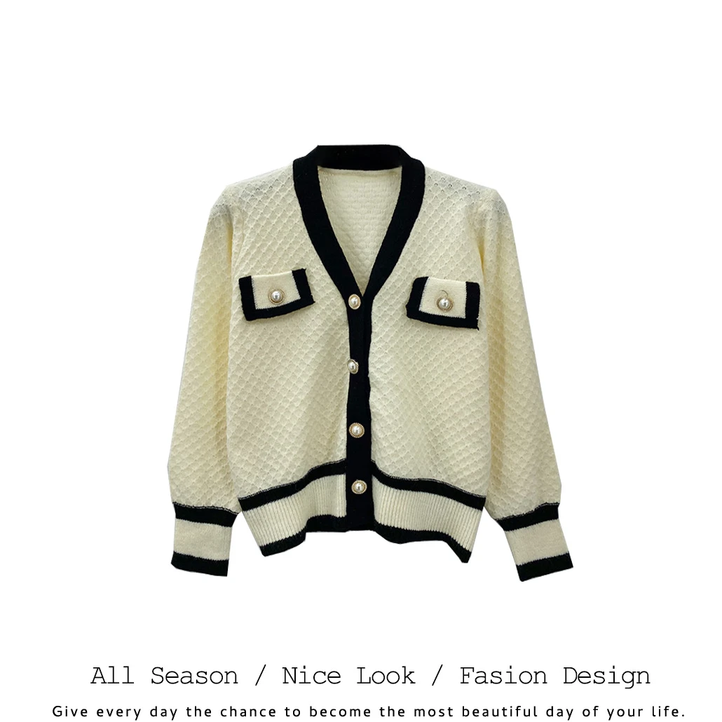 836      时尚撞色设计小香风舒适百搭V领开衫长袖     款号#035