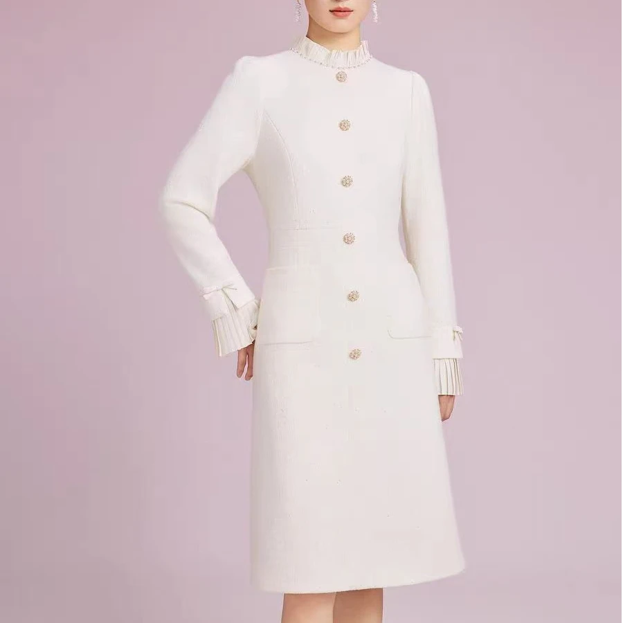 【拉】连衣裙小香风气质白色时尚毛呢中长款修身秋冬