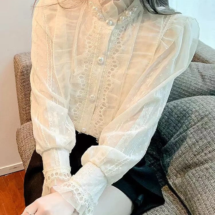 蕾丝时尚钉珠直筒型洋气设计感春季衬衣小衫打底衫衬衫内搭