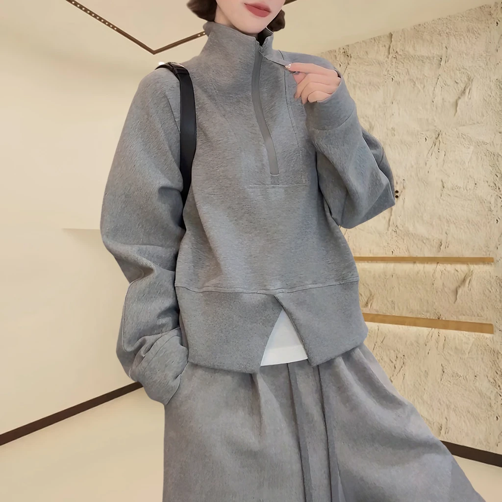 宽松型拉链立领厚款灰色卫衣女2025秋季新款时尚开叉设计螺纹上衣