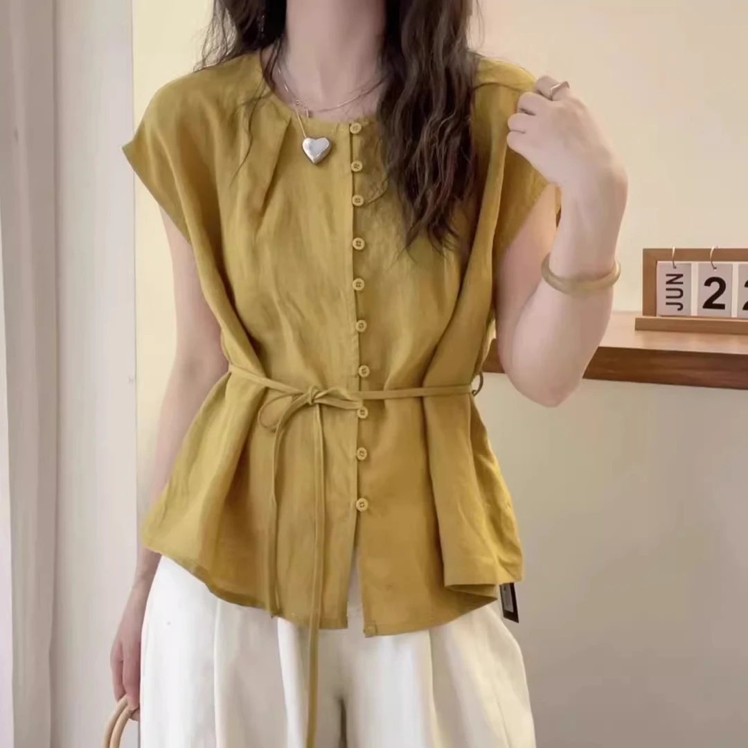 圆领系带收腰无袖棉麻衬衫女2025夏季新款气质小衫设计飞飞袖上衣