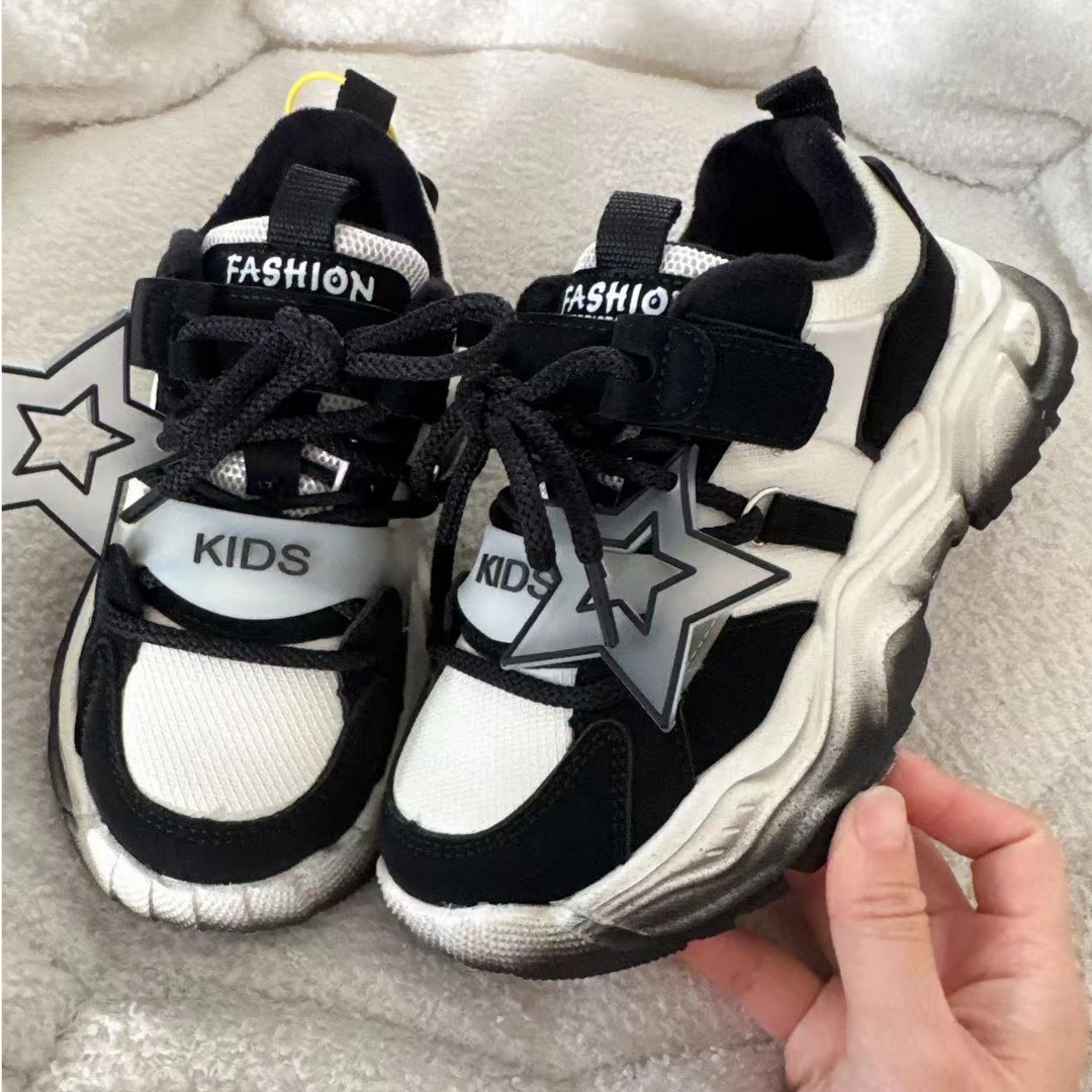 B1350-2儿童时尚百搭舒适加棉皮面运动老爹鞋