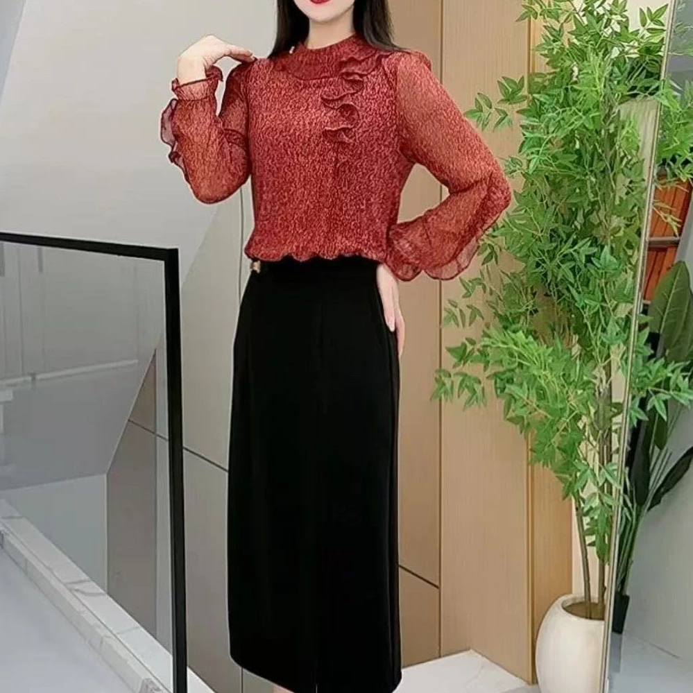 tz春季时尚拼接收腰显瘦假两件红色碎花荷叶边黑色连衣裙2992#